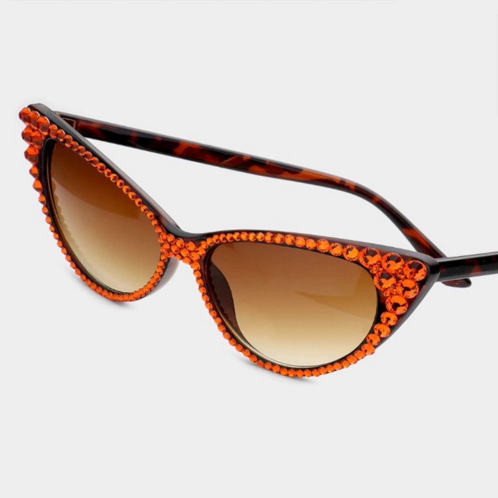 Orange Cat Eye Rhinestone Sun Glasses Shades Animal Bling Style Brown